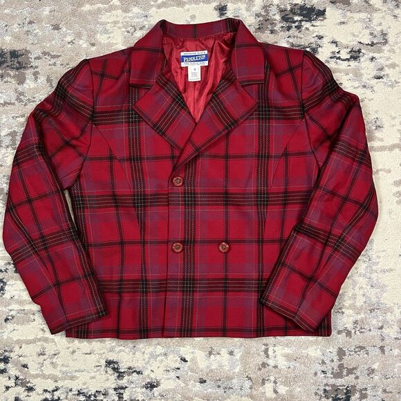 Vintage Pendleton Blazer Womens 10 Red Black Tartan Blazer 100% Virgin Wool - Picture 1 of 11